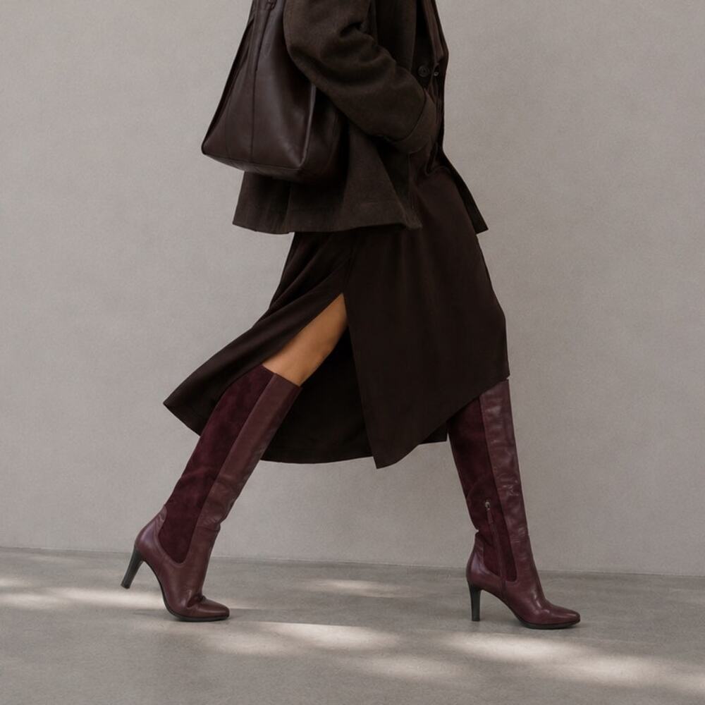 Aquatalia Wine Burgundy Leather Suede Knee-High Boots Womens 10 High Heel